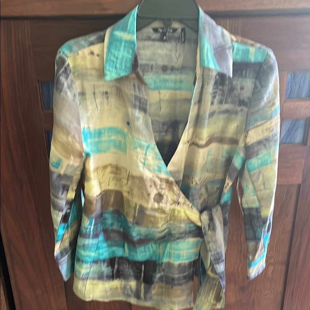 NIC+ZOE Blue Brown Wrap Blouse 3/4 Sleeve